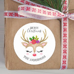 Personalised Cute Reindeer Christmas Classic Round Sticker<br><div class="desc">A cute reindeer face decorates this sticker with the words Merry Christmas. Fun for decorating Christmas gifts and holiday treat bags for neighbours. Personalise it with your name. Designed for you by Blackberry Boulevard.</div>