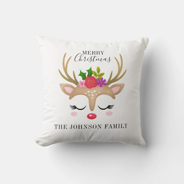 Personalised Cute Reindeer Christmas Cushion (Front)