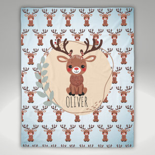 Personalised Cute Reindeer Pattern Fleece Blanket