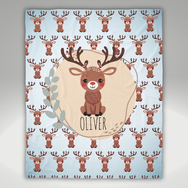 Personalised Cute Reindeer Pattern Fleece Blanket (Creator Uploaded)