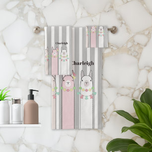 Personalised Cute Retro Colourful Llamas Girls Kid Bath Towel Set