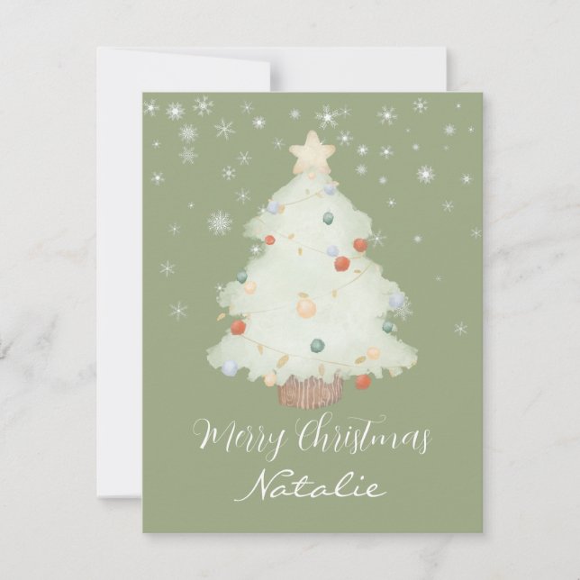 Personalised cute sage green Christmas tree snow Card (Front)