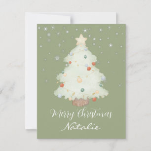 Personalised cute sage green Christmas tree snow Card