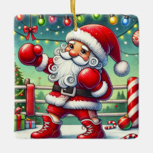 Personalised Cute Santa Boxing at Christmas Ceramic Ornament