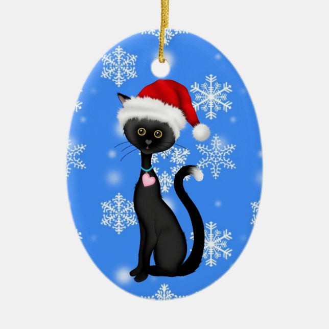 Personalised Cute Santa Cat n Snowflakes Christmas Ceramic Ornament (Front)