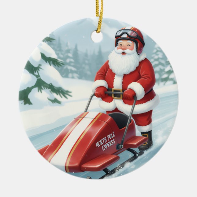 Personalised Cute Santa Doing Snowmobiling Ceramic Ornament (Front)