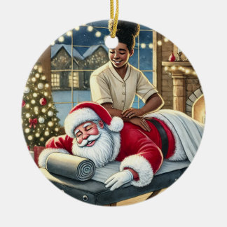 Personalised Cute Santa Getting a Massage Ceramic Ornament