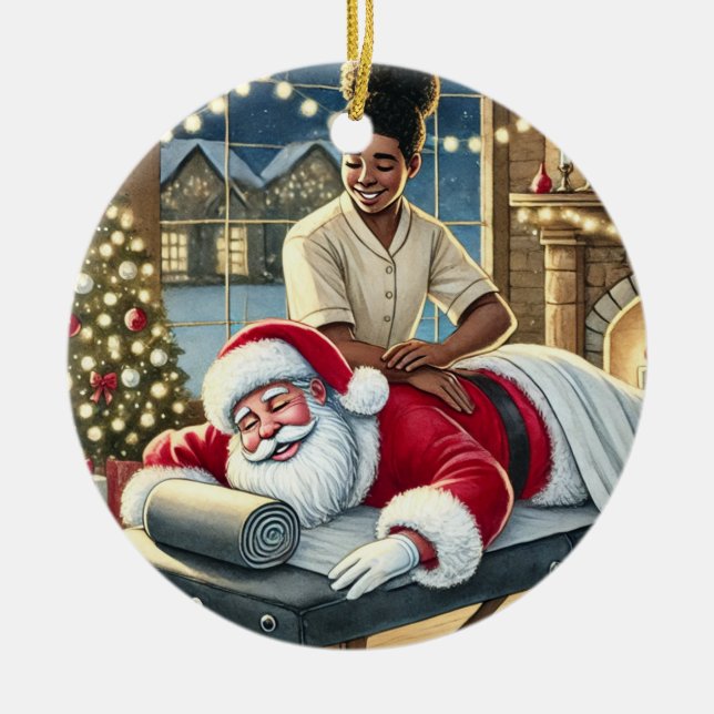 Personalised Cute Santa Getting a Massage Ceramic Ornament (Front)