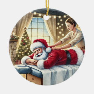 Personalised Cute Santa Getting a Massage Ceramic Ornament