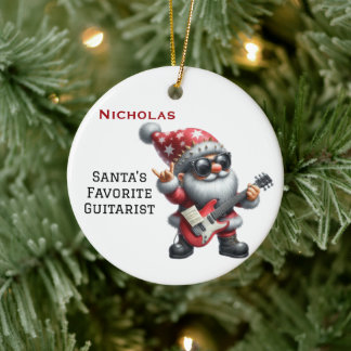 Personalised Cute Santa Gnome Playing Guitar Ceramic Ornament