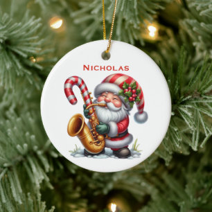 Personalised Cute Santa Gnome Playing Saxophone Ceramic Ornament
