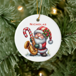 Personalised Cute Santa Gnome Playing Saxophone Ceramic Ornament
