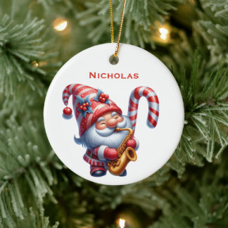 Personalised Cute Santa Gnome Playing Saxophone Ceramic Ornament