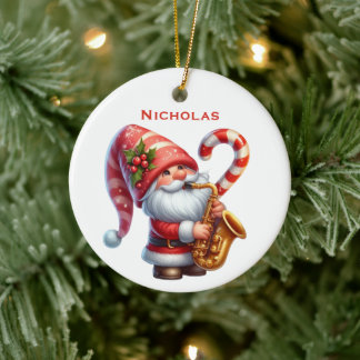 Personalised Cute Santa Gnome Playing Saxophone Ceramic Ornament
