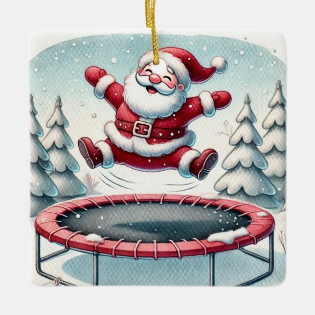 Personalised Cute Santa Jumping on Trampoline Ceramic Ornament (Front)