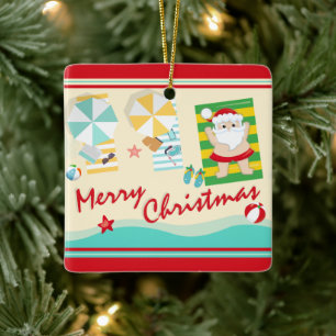 Personalised Cute Santa on the Beach Christmas Ceramic Ornament