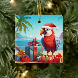 Personalised Cute Santa Parrot Beach Christmas Ceramic Ornament