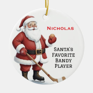 Personalised Cute Santa Playing Bandy  Ceramic Ornament