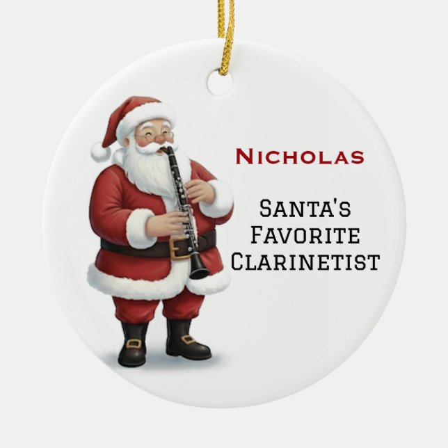 Personalised Cute Santa Playing Clarinet Ceramic Ornament (Front)