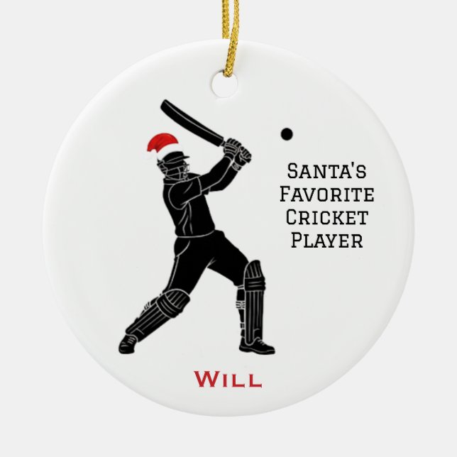 Personalised Cute Santa Playing Cricket Ceramic Ornament (Front)