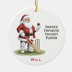 Personalised Cute Santa Playing Cricket Ceramic Ornament