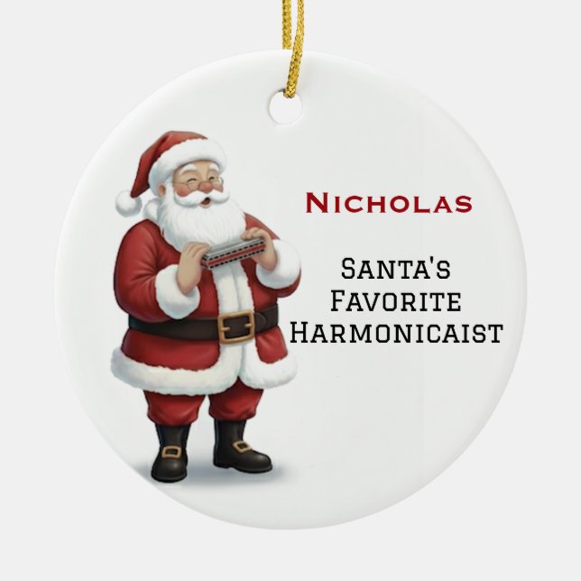 Personalised Cute Santa Playing Harmonica Ceramic Ornament (Front)