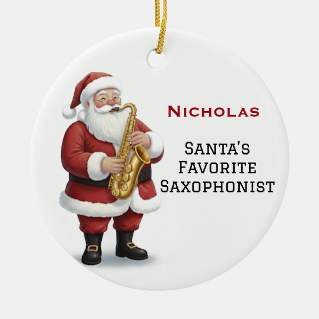 Personalised Cute Santa Playing Saxophone Ceramic Ornament (Front)