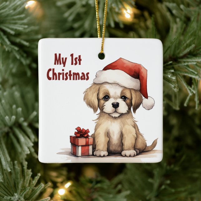 Personalised Cute Santa Puppy Dog 1st Christmas Ceramic Ornament (Tree)