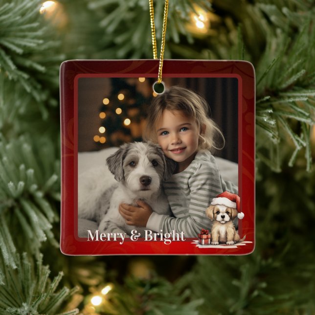 Personalised Cute Santa Puppy Dog Christmas Photo Ceramic Ornament (Tree)