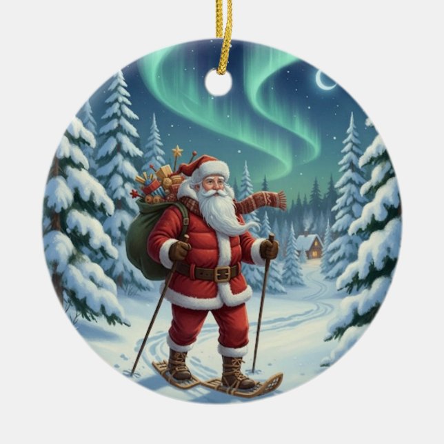 Personalised Cute Santa Snowshoeing Ceramic Ornament (Front)
