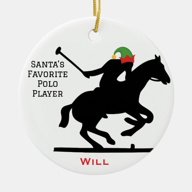 Personalised Cute Santa's Elf Playing Polo  Ceramic Ornament (Front)
