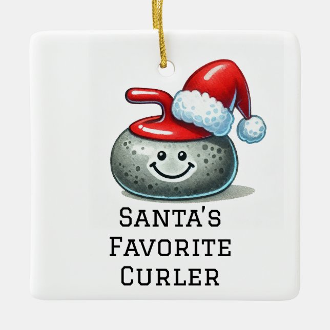 Personalised Cute Santa's Favourite Curler  Ceramic Ornament (Front)