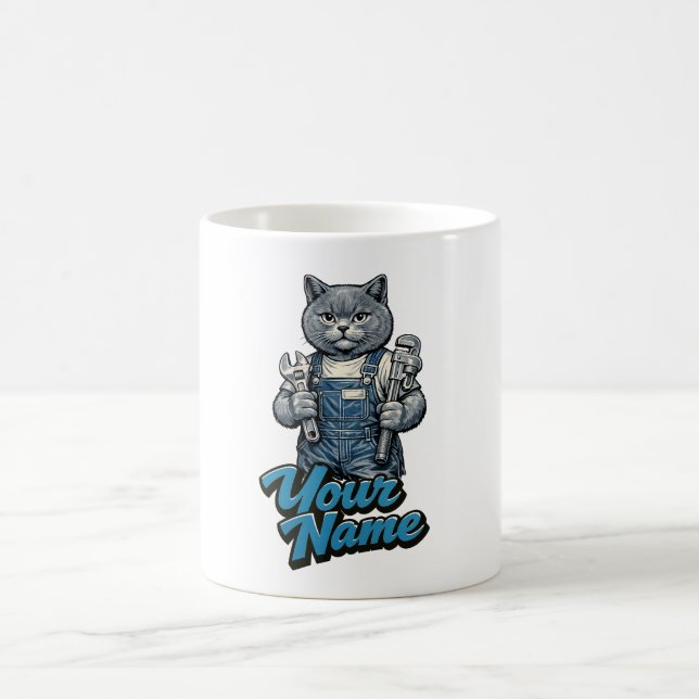 Personalised Cute Scottish Fold Cat Plumber Coffee Mug (Center)