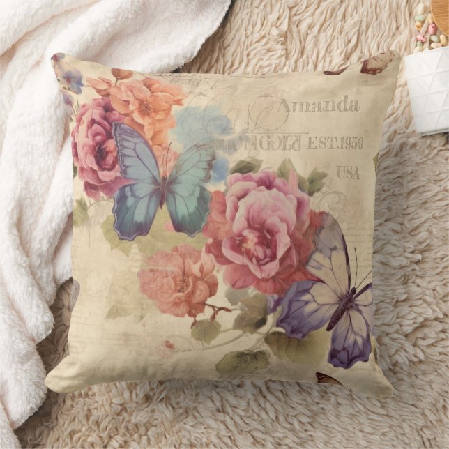 Personalised Cute shabby vintage botanical Rustic Cushion (Blanket)
