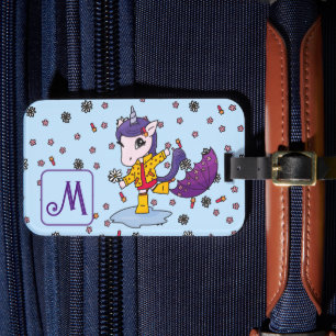 Personalised Cute & Simple Blue Unicorn Floral Luggage Tag