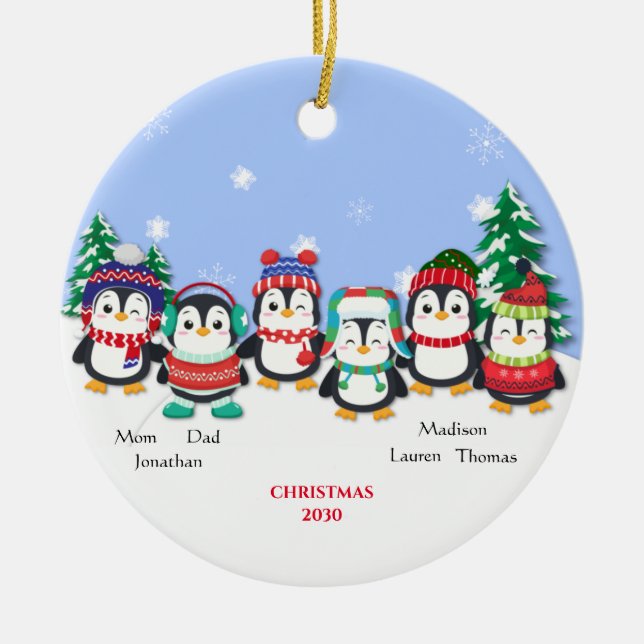 Personalised Cute  Six Penguin  Snow Scene     Ceramic Ornament (Front)