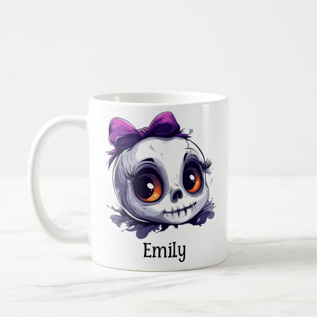 Personalised Cute Skull with Bow Halloween Coffee Mug (Left)