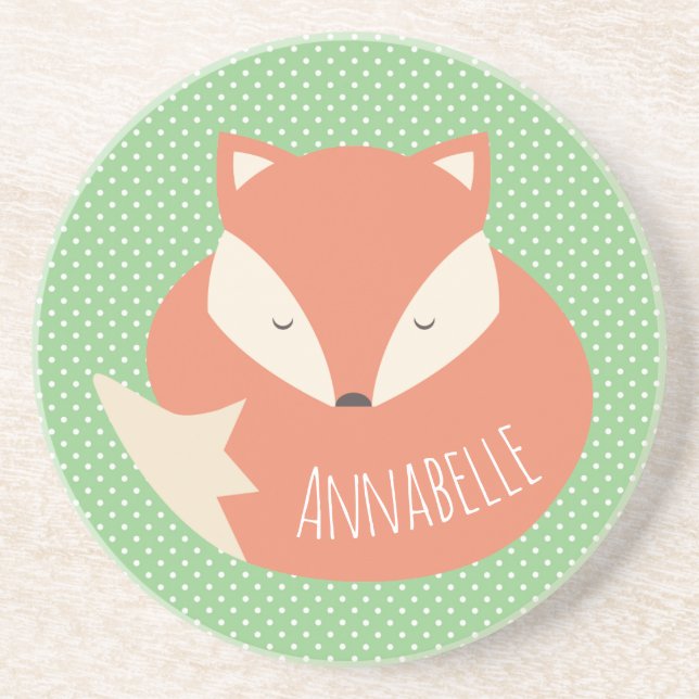 Personalised Cute Sleeping Fox and Polka Dot  Coaster (Front)