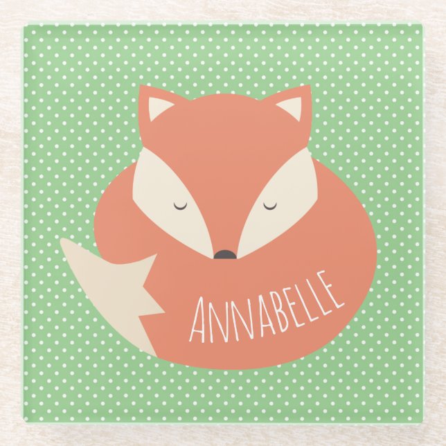 Personalised Cute Sleeping Fox Glass Coaster (Front)