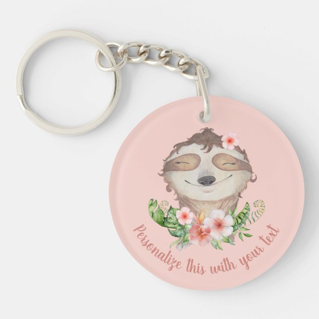 Personalised cute sloth blush pink flower key ring (Front)