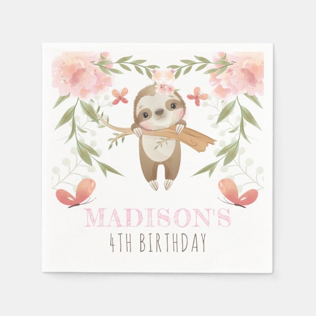 Personalised Cute Sloth Girl Birthday Napkin (Front)