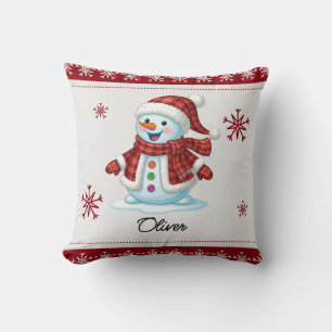 Personalised Cute Snowman Red Plaid Kids Christmas Cushion