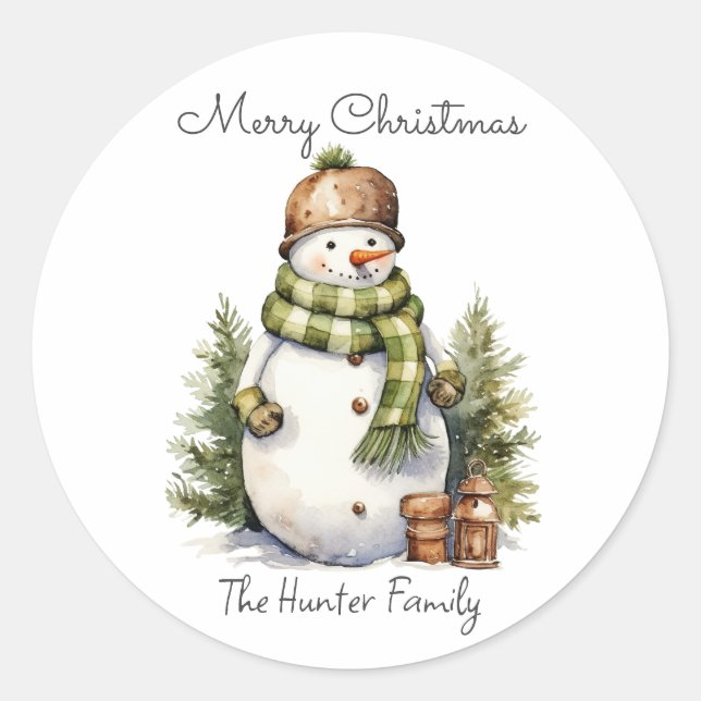 Personalised Cute Snowman Watercolor Christmas  Classic Round Sticker (Front)