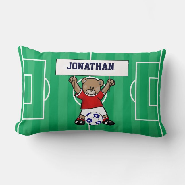 Personalised Cute Soccer Teddy Bear (red) Lumbar Cushion (Front)
