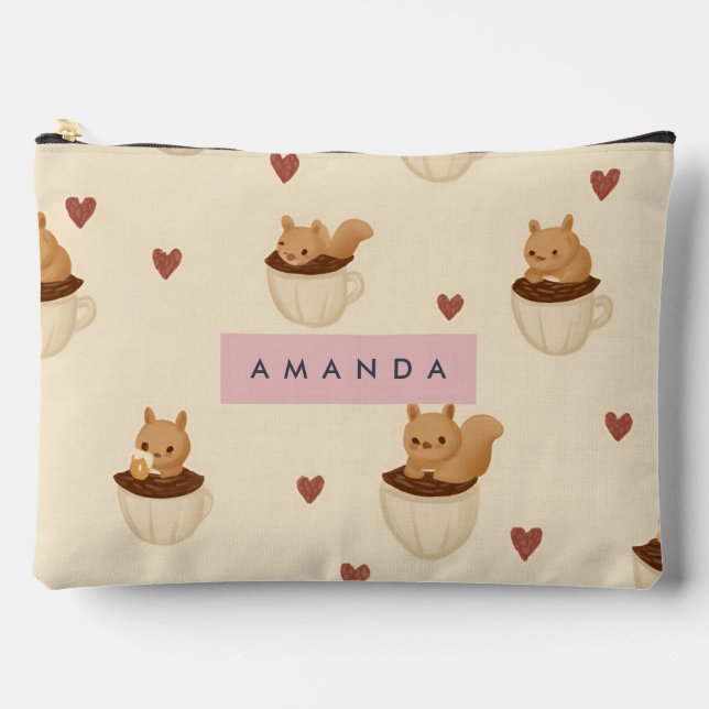 Personalised Cute Squirrel in Coffee Cup Pattern Accessory Pouch (Front)