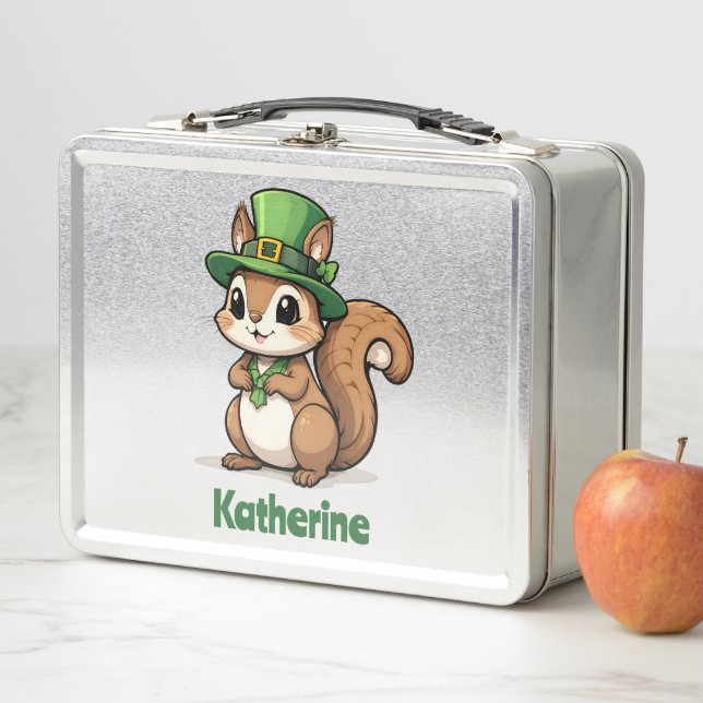 Personalised Cute St. Patrick's Day Squirrel Metal Lunch Box (In Situ)