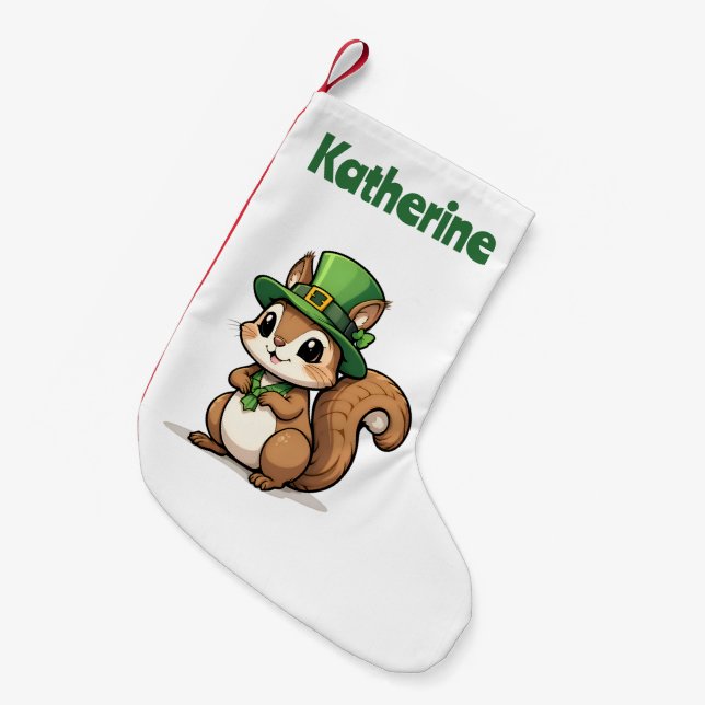 Personalised Cute St. Patrick's Day Squirrel Small Christmas Stocking (Front (Hanging))