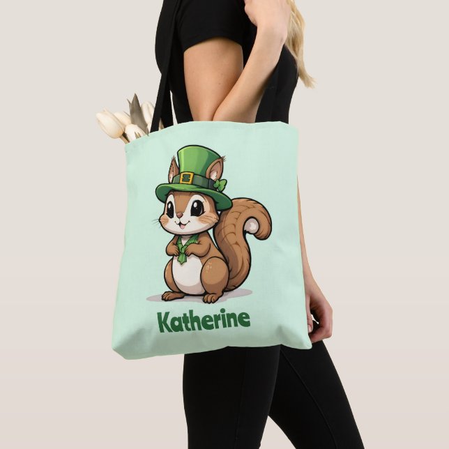 Personalised Cute St. Patrick's Day Squirrel Tote Bag (Close Up)