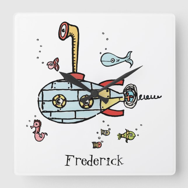 Personalised Cute Submarine Nautical Under Water Square Wall Clock (Front)