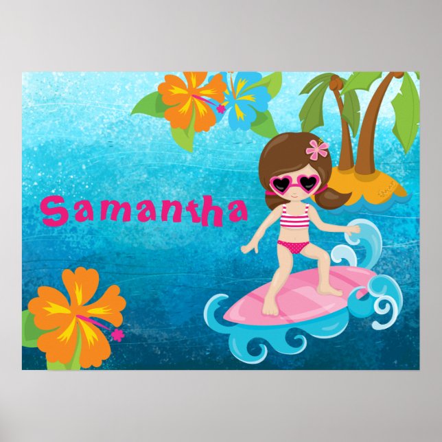 Personalised Cute Surfer Girl Hibiscus and Palms Poster (Front)